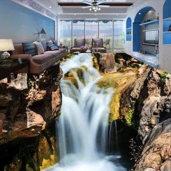 Потребителски Стенни Стикери Пол 3D Поток водопад каменен пейзаж баня спалня хол 3D Пол PVC Самозалепващи се Тапети